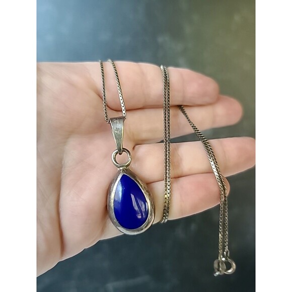 925 Sterling Silver Faux Stone Blue Inlay Pendant Necklace Vintage - Picture 1 of 11